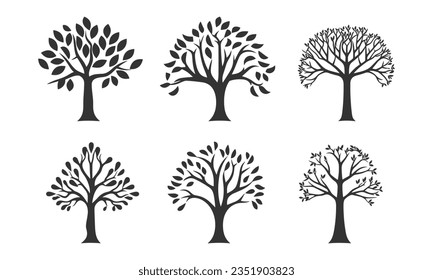 Set of 6 black tree Silhouettes. Vector illustration isolated on white background