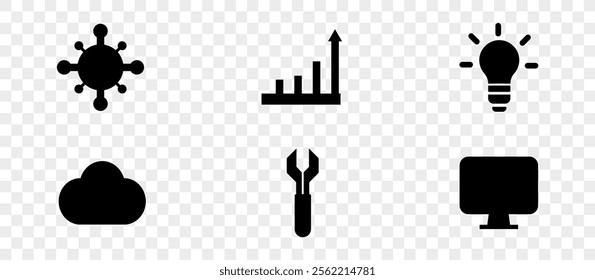 Set of 6 Black Vector Icons Featuring Network, Cloud, Growth, Light Bulb, Tools, and Monitor Symbols