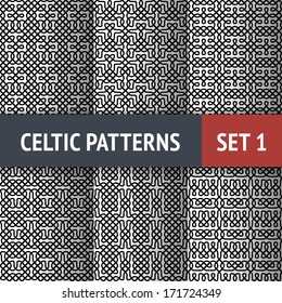 Set of 6 black and white Celtic seamless patterns with samples in swatches