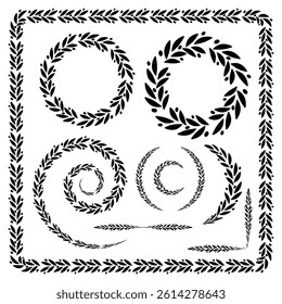 Set of 6 black and white decorative ethnic frames and borders of olive laurel leaves. Design elements for certificates, books, labels, stickers, champion awards