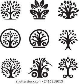 set of 6 black and white different kinds Trees vector 
