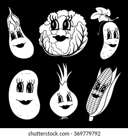 Set of 6 black and white funny cartoon vegetables isolated on a black background. Vector illustration