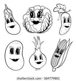 Set of 6 black and white funny cartoon vegetables isolated on a white background. Vector illustration