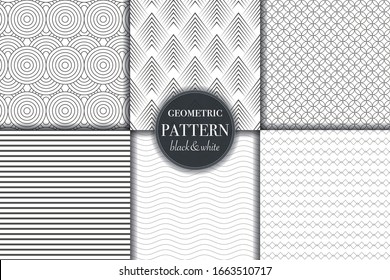 Set of 6 black white geometric pattern background. Abstract line, dot retro style vector illustration for wallpaper, flyer, cover, design template. minimalistic ornament, backdrop.