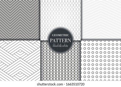 Set of 6 black white geometric pattern background. Abstract line, dot retro style vector illustration for wallpaper, flyer, cover, design template. minimalistic ornament, backdrop.