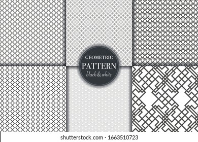 Set of 6 black white geometric pattern background. Abstract line, dot retro style vector illustration for wallpaper, flyer, cover, design template. minimalistic ornament, backdrop.