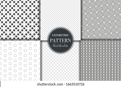 Set of 6 black white geometric pattern background. Abstract line, dot retro style vector illustration for wallpaper, flyer, cover, design template. minimalistic ornament, backdrop.