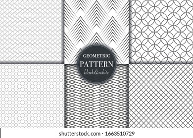 Set of 6 black white geometric pattern background. Abstract line, dot retro style vector illustration for wallpaper, flyer, cover, design template. minimalistic ornament, backdrop.