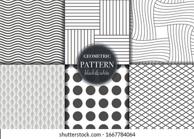 Set of 6 black and white geometric and abstract line pattern background. Different creative texture for design, cover and template