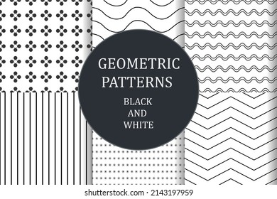 Set of 6 black and white geometric pattern background. Abstract line vector illustration for wallpaper, cover, banner, minimalistic ornament, backdrop