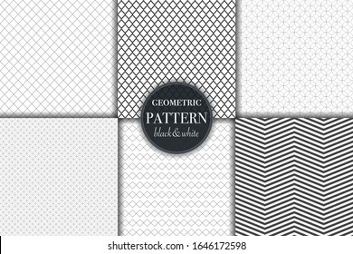 Set of 6 black and white grayscale geometric pattern background. Abstract line, dot retro style vector illustration for wallpaper, flyer, cover, banner, design template minimalistic ornament, backdrop