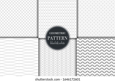 Satz von 6 geometrischen, schwarz-weißem, grauem Muster, Hintergrund. Abstrakte Vektorillustration, mit Punkt-Retro-Stil für Tapete, Flyer, Cover, Banner, minimalistische Designvorlagen, Hintergrund