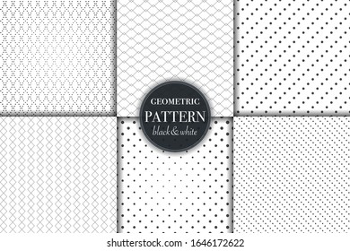 Set of 6 black and white grayscale geometric pattern background. Abstract line, dot retro style vector illustration for wallpaper, flyer, cover, banner, design template minimalistic ornament, backdrop