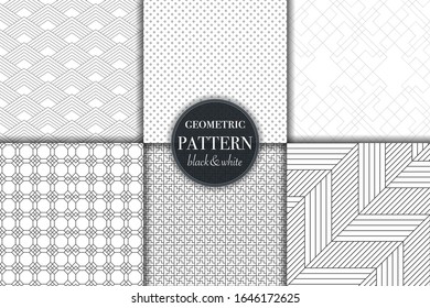 Set of 6 black and white grayscale geometric pattern background. Abstract line, dot retro style vector illustration for wallpaper, flyer, cover, banner, design template minimalistic ornament, backdrop