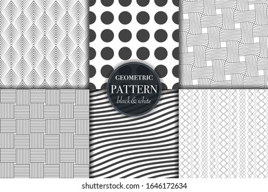 Satz von 6 geometrischen, schwarz-weißem, grauem Muster, Hintergrund. Abstrakte Vektorillustration, mit Punkt-Retro-Stil für Tapete, Flyer, Cover, Banner, minimalistische Designvorlagen, Hintergrund