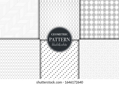 Set of 6 black and white grayscale geometric pattern background. Abstract line, dot retro style vector illustration for wallpaper, flyer, cover, banner, design template minimalistic ornament, backdrop