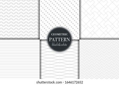 Set of 6 black and white grayscale geometric pattern background. Abstract line, dot retro style vector illustration for wallpaper, flyer, cover, banner, design template minimalistic ornament, backdrop