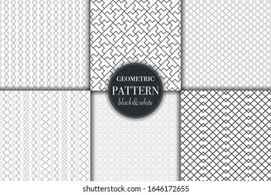 Set of 6 black and white grayscale geometric pattern background. Abstract line, dot retro style vector illustration for wallpaper, flyer, cover, banner, design template minimalistic ornament, backdrop