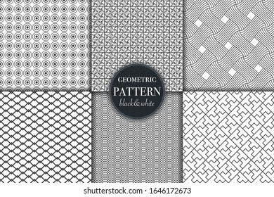 Conjunto de 6 fondo de patrón geométrico en escala de grises en blanco y negro. Línea abstracta, ilustración vectorial de estilo punto retro para papel tapiz, volante, portada, banner, diseño de plantilla de adorno minimalista, fondo