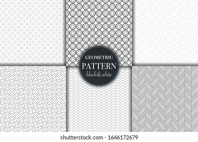 Set of 6 black and white grayscale geometric pattern background. Abstract line, dot retro style vector illustration for wallpaper, flyer, cover, banner, design template minimalistic ornament, backdrop