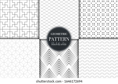 Set of 6 black and white grayscale geometric pattern background. Abstract line, dot retro style vector illustration for wallpaper, flyer, cover, banner, design template minimalistic ornament, backdrop