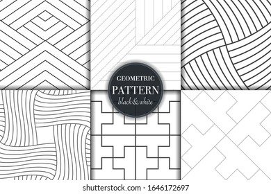 Set of 6 black and white grayscale geometric pattern background. Abstract line, dot retro style vector illustration for wallpaper, flyer, cover, banner, design template minimalistic ornament, backdrop