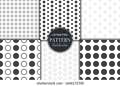 Conjunto de 6 fondo de patrón geométrico en escala de grises en blanco y negro. Línea abstracta, ilustración vectorial de estilo punto retro para papel tapiz, volante, portada, banner, diseño de plantilla de adorno minimalista, fondo