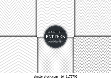 Set of 6 black and white grayscale geometric pattern background. Abstract line, dot retro style vector illustration for wallpaper, flyer, cover, banner, design template minimalistic ornament, backdrop