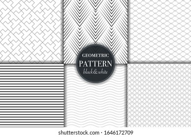 Set of 6 black and white grayscale geometric pattern background. Abstract line, dot retro style vector illustration for wallpaper, flyer, cover, banner, design template minimalistic ornament, backdrop