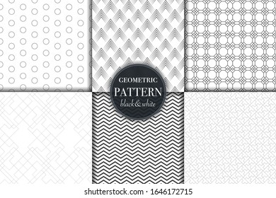 Set of 6 black and white grayscale geometric pattern background. Abstract line, dot retro style vector illustration for wallpaper, flyer, cover, banner, design template minimalistic ornament, backdrop