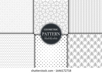 Set of 6 black and white grayscale geometric pattern background. Abstract line, dot retro style vector illustration for wallpaper, flyer, cover, banner, design template minimalistic ornament, backdrop