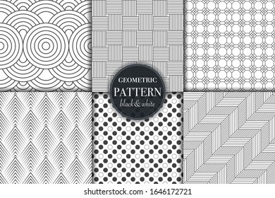 Conjunto de 6 fondo de patrón geométrico en escala de grises en blanco y negro. Línea abstracta, ilustración vectorial de estilo punto retro para papel tapiz, volante, portada, banner, diseño de plantilla de adorno minimalista, fondo