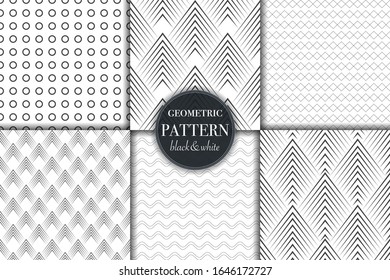 Set of 6 black and white grayscale geometric pattern background. Abstract line, dot retro style vector illustration for wallpaper, flyer, cover, banner, design template minimalistic ornament, backdrop