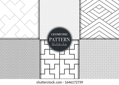 Set of 6 black and white grayscale geometric pattern background. Abstract line, dot retro style vector illustration for wallpaper, flyer, cover, banner, design template minimalistic ornament, backdrop