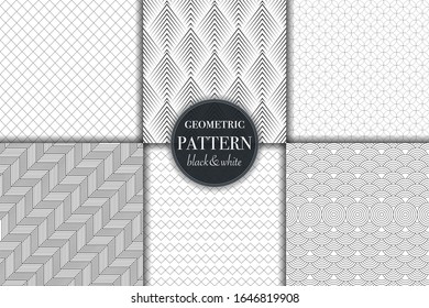 Set of 6 black and white grayscale geometric pattern background. Abstract line, dot retro style vector illustration for wallpaper, flyer, cover, banner, design template minimalistic ornament, backdrop