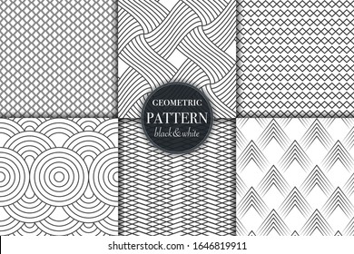 Set of 6 black and white grayscale geometric pattern background. Abstract line, dot retro style vector illustration for wallpaper, flyer, cover, banner, design template minimalistic ornament, backdrop