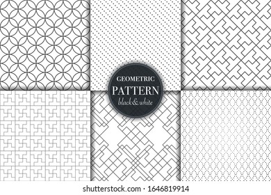 Set of 6 black and white grayscale geometric pattern background. Abstract line, dot retro style vector illustration for wallpaper, flyer, cover, banner, design template minimalistic ornament, backdrop