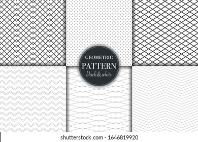 Set of 6 black and white grayscale geometric pattern background. Abstract line, dot retro style vector illustration for wallpaper, flyer, cover, banner, design template minimalistic ornament, backdrop