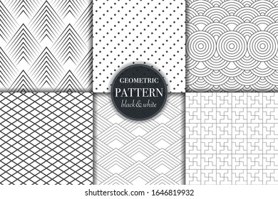 Set of 6 black and white grayscale geometric pattern background. Abstract line, dot retro style vector illustration for wallpaper, flyer, cover, banner, design template minimalistic ornament, backdrop