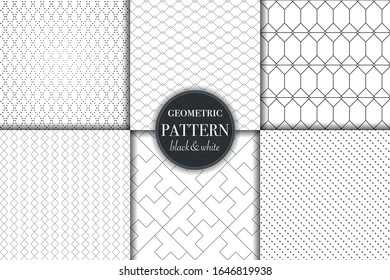 Set of 6 black and white grayscale geometric pattern background. Abstract line, dot retro style vector illustration for wallpaper, flyer, cover, banner, design template minimalistic ornament, backdrop