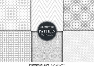 Set of 6 black and white grayscale geometric pattern background. Abstract line, dot retro style vector illustration for wallpaper, flyer, cover, banner, design template minimalistic ornament, backdrop