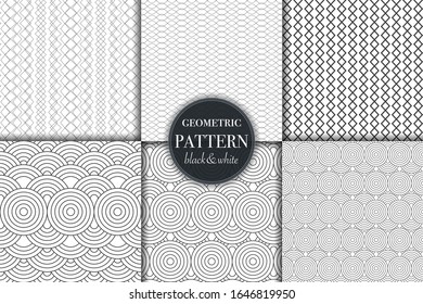 Set of 6 black and white grayscale geometric pattern background. Abstract line, dot retro style vector illustration for wallpaper, flyer, cover, banner, design template minimalistic ornament, backdrop