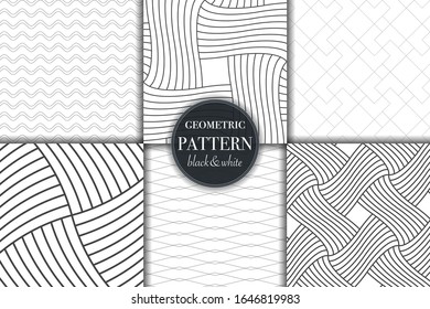 Set of 6 black and white grayscale geometric pattern background. Abstract line, dot retro style vector illustration for wallpaper, flyer, cover, banner, design template minimalistic ornament, backdrop