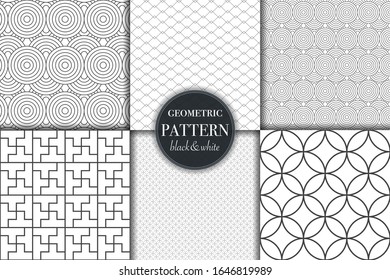 Set of 6 black and white grayscale geometric pattern background. Abstract line, dot retro style vector illustration for wallpaper, flyer, cover, banner, design template minimalistic ornament, backdrop
