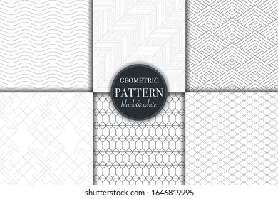 Conjunto de 6 fondo de patrón geométrico en escala de grises en blanco y negro. Línea abstracta, ilustración vectorial de estilo punto retro para papel tapiz, volante, portada, banner, diseño de plantilla de adorno minimalista, fondo
