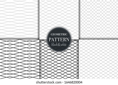 Conjunto de 6 fondo de patrón geométrico en escala de grises en blanco y negro. Línea abstracta, ilustración vectorial de estilo punto retro para papel tapiz, volante, portada, banner, diseño de plantilla de adorno minimalista, fondo