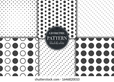 Set of 6 black and white grayscale geometric pattern background. Abstract line, dot retro style vector illustration for wallpaper, flyer, cover, banner, design template minimalistic ornament, backdrop