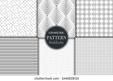 Set of 6 black and white grayscale geometric pattern background. Abstract line, dot retro style vector illustration for wallpaper, flyer, cover, banner, design template minimalistic ornament, backdrop