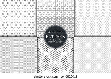 Set of 6 black and white grayscale geometric pattern background. Abstract line, dot retro style vector illustration for wallpaper, flyer, cover, banner, design template minimalistic ornament, backdrop