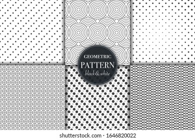 Set of 6 black and white grayscale geometric pattern background. Abstract line, dot retro style vector illustration for wallpaper, flyer, cover, banner, design template minimalistic ornament, backdrop